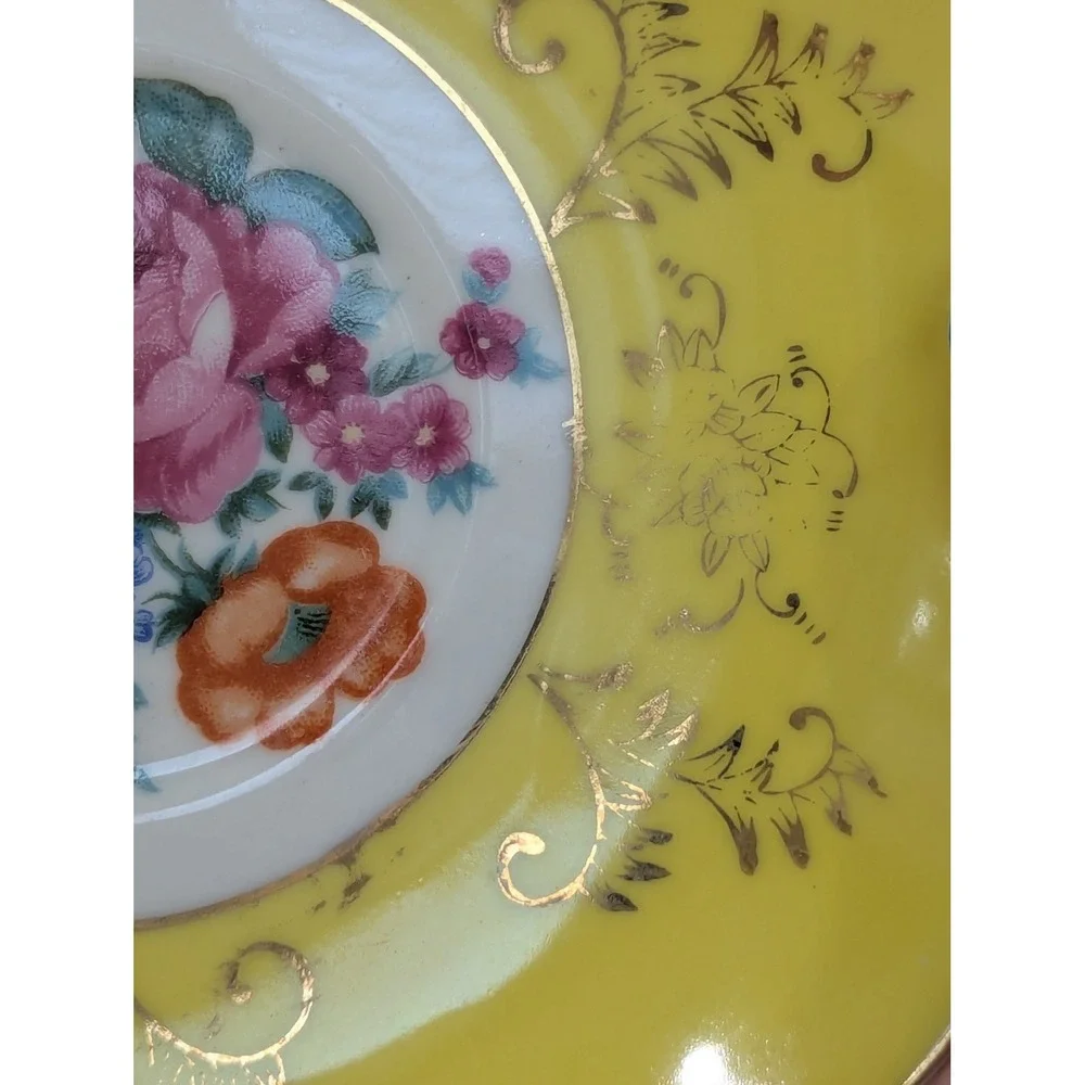 Vintage Tea Cup and Saucer Set OS Yellow Floral Gold Gilt Japan Porcelain